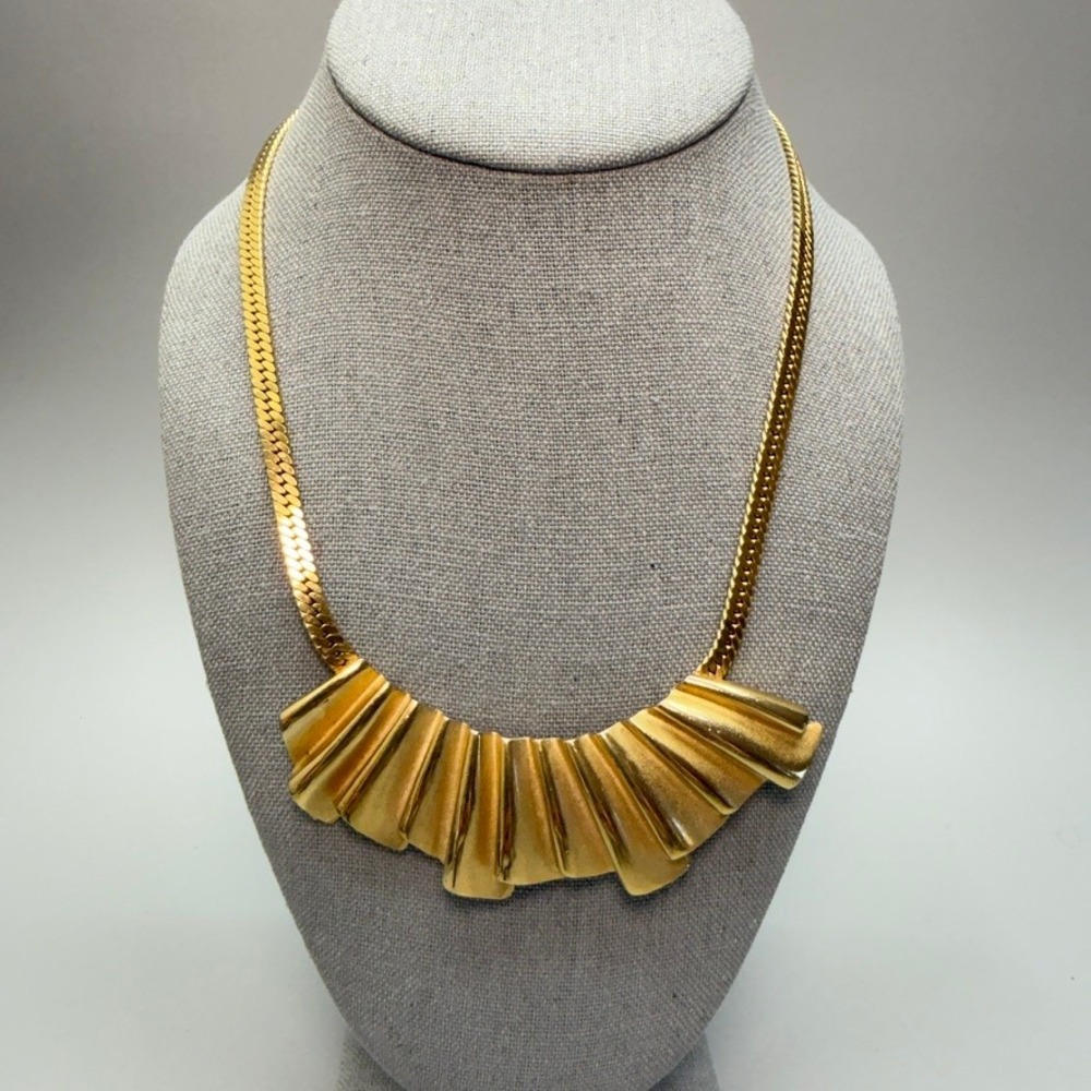 Vintage Gold Tone Bar Fan Bib Statement Necklace 17" Etruscan Inspired 80s Chic